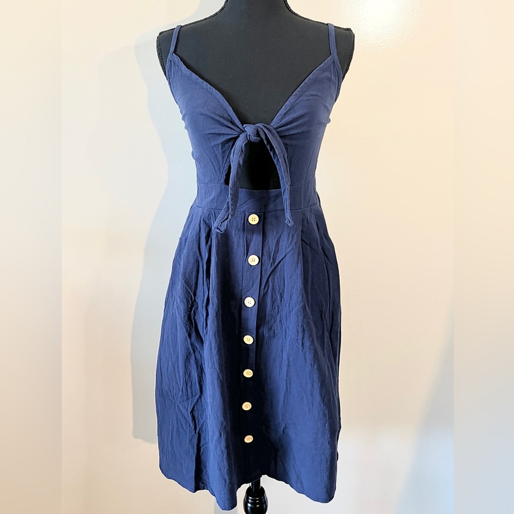 Navy Tie-Front Button-Down Sundress - Women, L